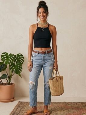 Free People Intimately | Black Ribbed Halter Crop Open Back Tank Top | XS-S